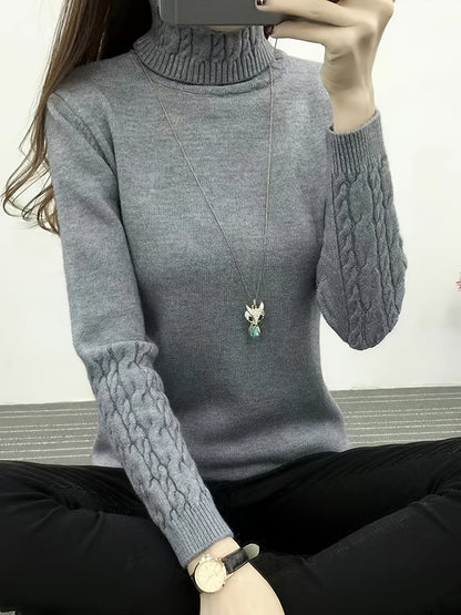 Vzyzv Solid Turtle Neck Cable Knit Sweater, Casual Long Sleeve Slim Pullover Sweater, Women's Clothing
