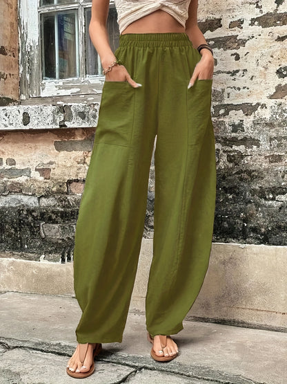 Vzyzv Boho Solid Elastic Waist Harem Pants, Casual Long Length Baggy Pants With Pockets For Spring & Summer, Women's Clothing