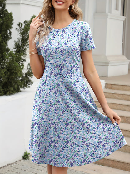 Vzyzv Floral Print Crew Neck Dress, Vintage Short Sleeve Dress For Spring & Summer, Women's Clothing