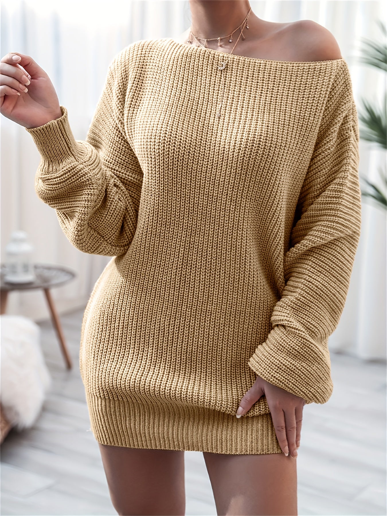Vzyzv Women's Off Shoulder Sweater Dress, Solid Long Sleeve Sweater Dress, Casual Sweater Dress For Fall & Winter, Women's Clothing