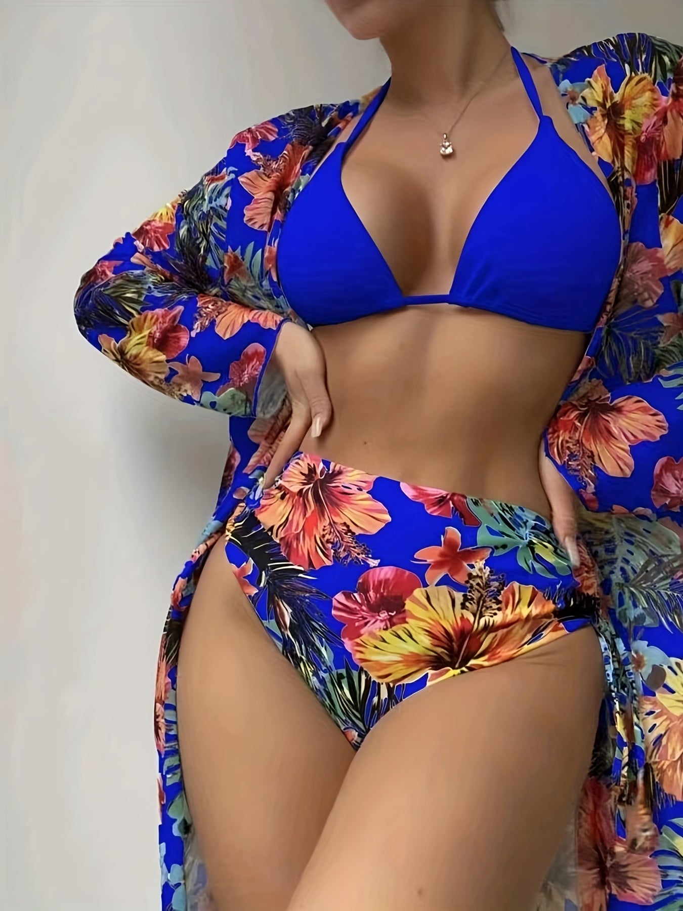 Vzyzv 3-Pieces Tropical Print Bikini Sets, Halter Neck Tie Back Tie Side High Cut With Cover Up Shirt Swimsuit, Women's Swimwear & Clothing