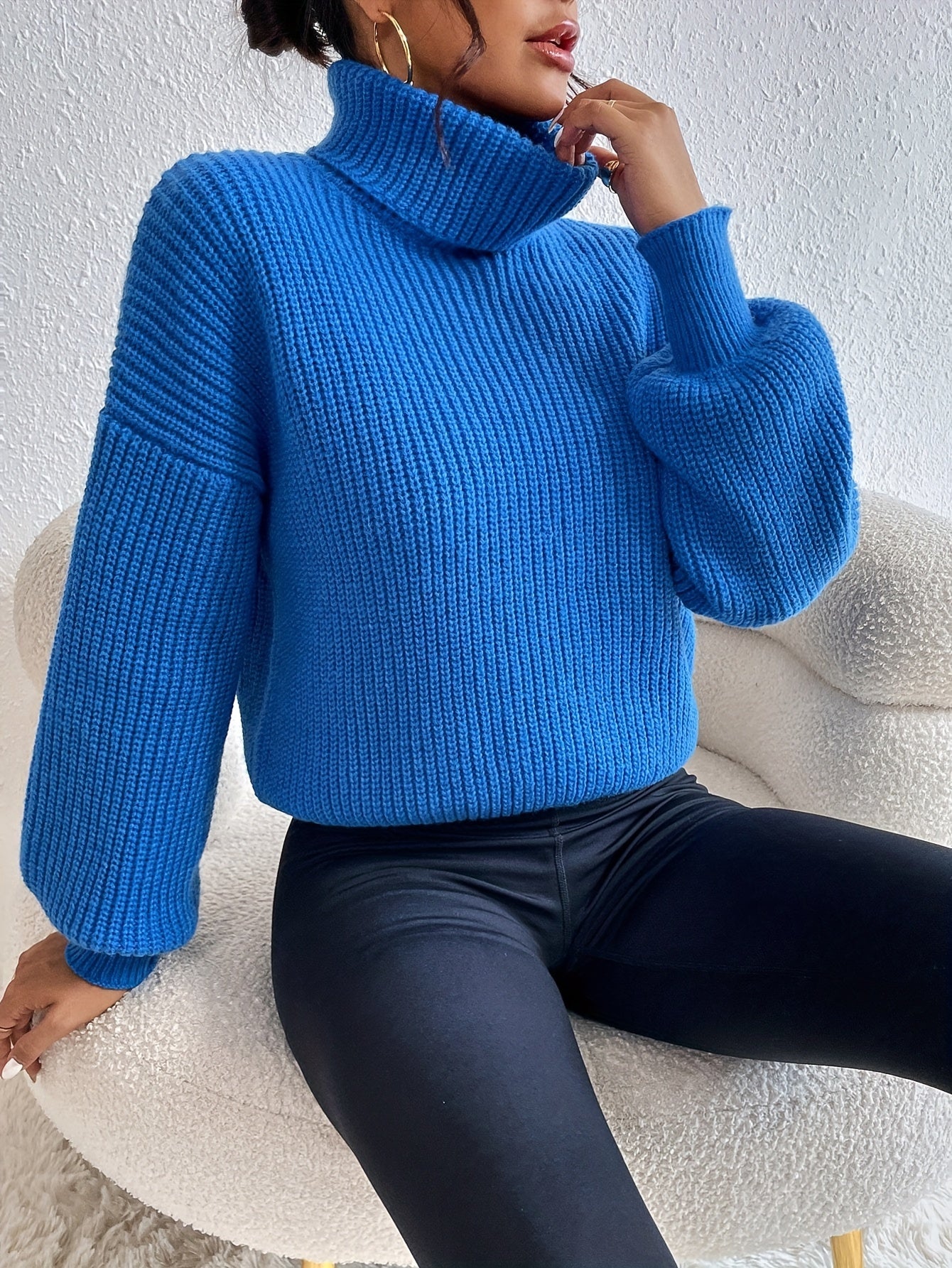 Vzyzv Solid Turtleneck Pullover Sweater, Elegant Long Sleeve Drop Shoulder Sweater, Women's Clothing