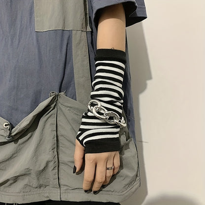 Vzyzv Hip Hop Stripe Print Gloves Trendy Cartoon Y2K Long Sleeve Half Fingerless Sunscreen Wrist Sleeve