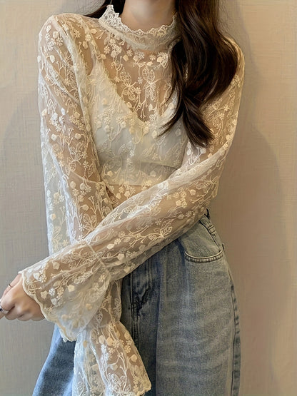 Vzyzv Guipure Lace Overlay Flare Sleeve Blouse, Casual Mock Neck Long Sleeve Blouse, Women's Clothing