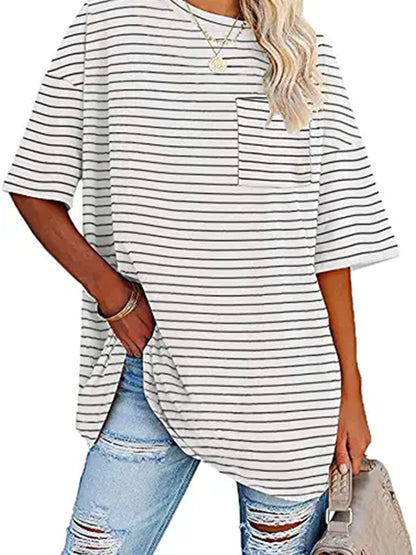 Vzyzv Women's T-Shirt Casual Striped Oversized Short Sleeve Crew Neck Loose T-Shirt