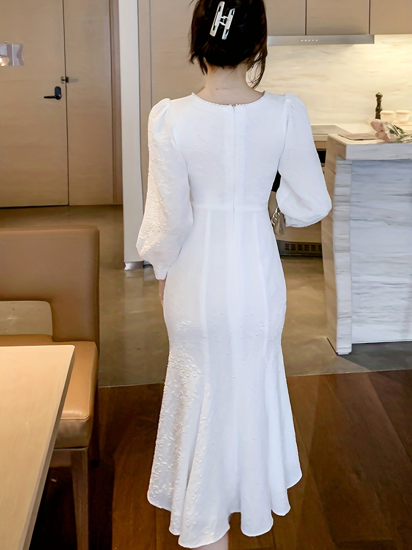 Vzyzv Squared Neck Solid Dress, Elegant Long Sleeve Mermaid Hem Evening Dress, Women's Clothing