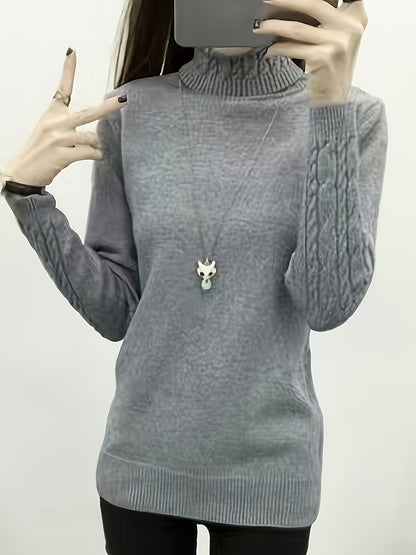 Vzyzv Solid Turtle Neck Cable Knit Sweater, Casual Long Sleeve Slim Pullover Sweater, Women's Clothing