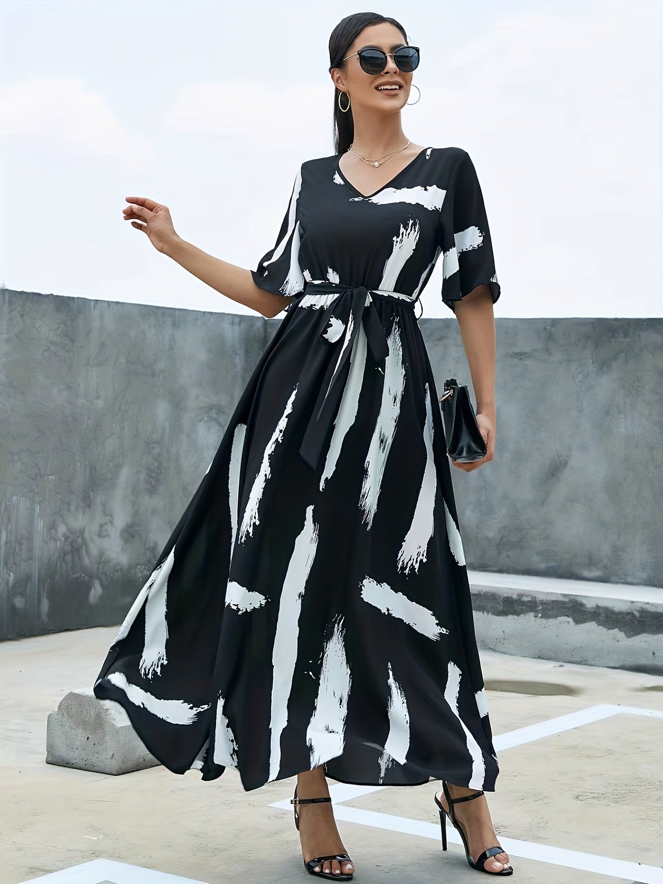 Vzyzv Flutter Sleeve Belted Maxi Dress, Casual Dress For Spring & Summer, Women's Clothing