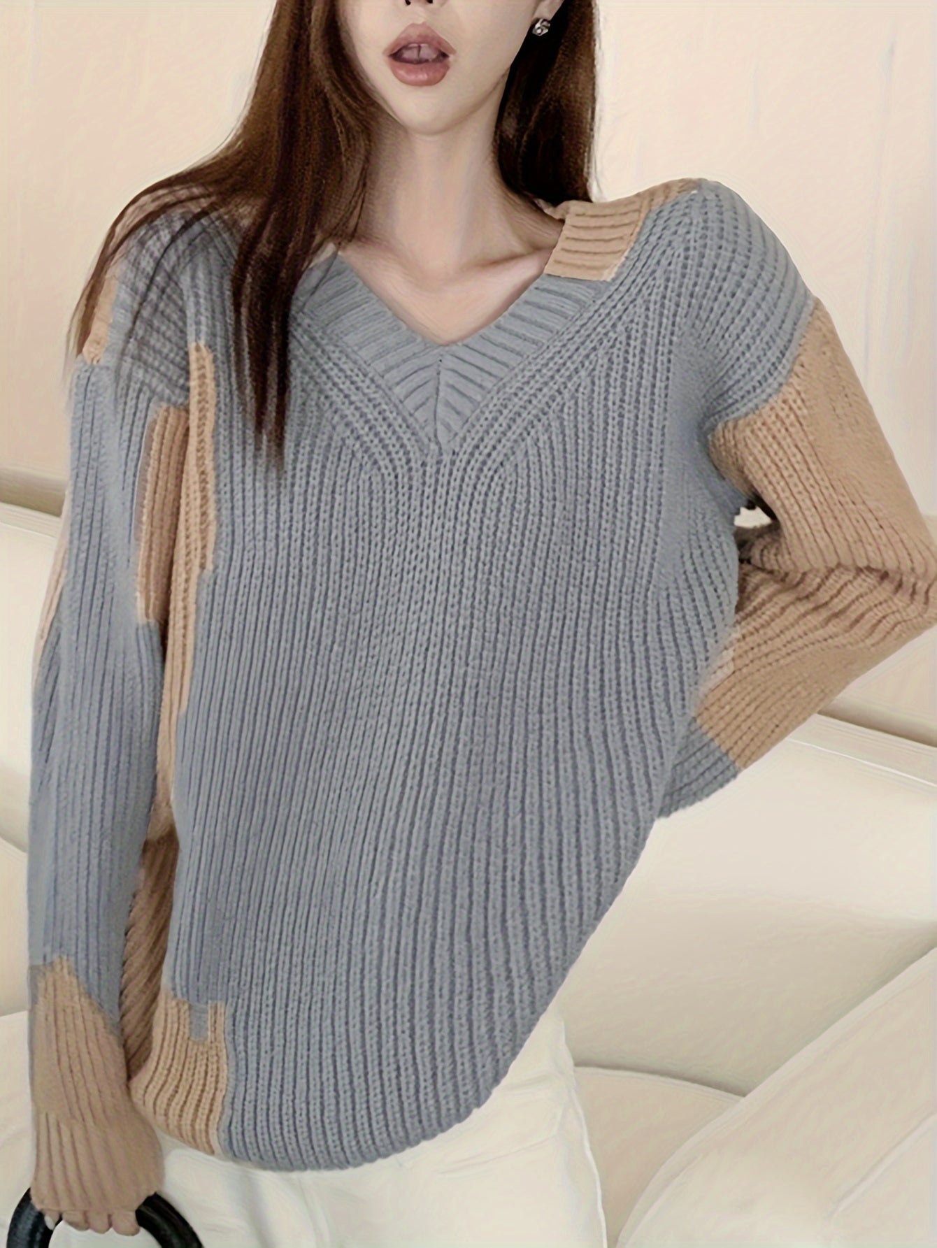 Vzyzv Color Block Knitted Pullover Sweater, Casual Long Sleeve Sweater For Fall & Winter, Women's Clothing