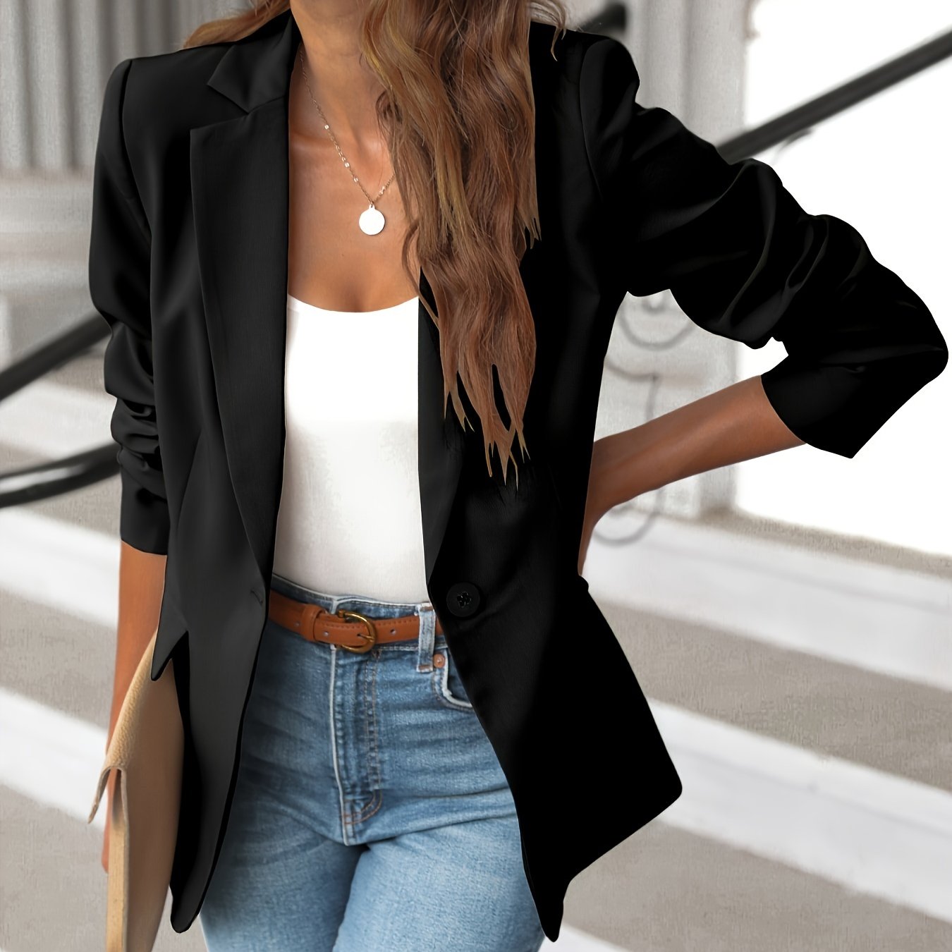 Vzyzv Classy Blazer Jacket: Lightweight and Silky Outerwear for Women's Office Wear with Pockets.