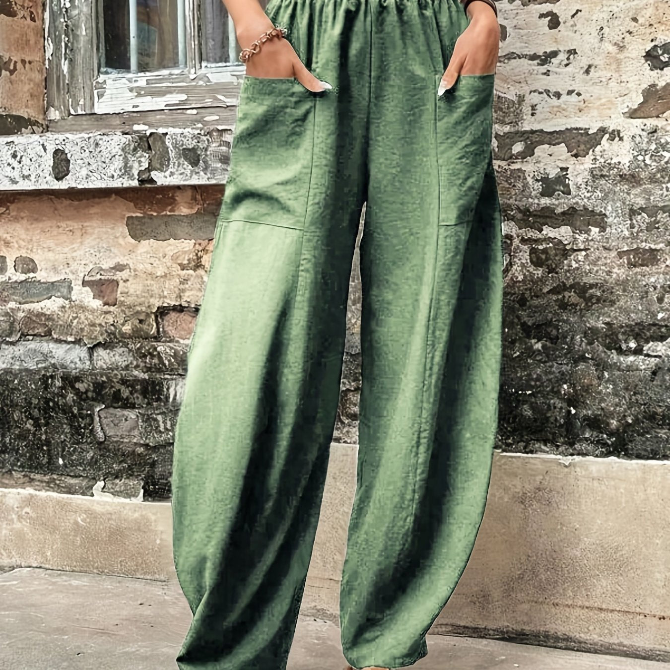 Vzyzv Boho Solid Elastic Waist Harem Pants, Casual Long Length Baggy Pants With Pockets For Spring & Summer, Women's Clothing