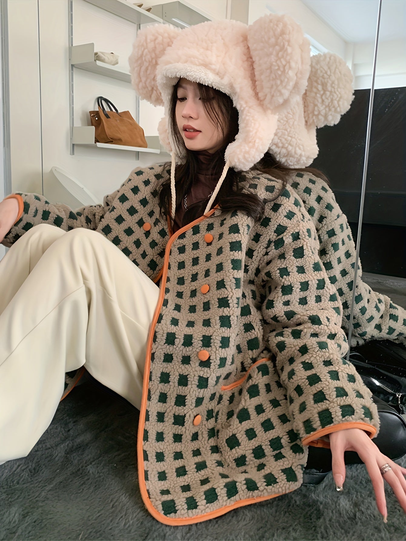 Vzyzv Plaid Pattern Button Front Faux Fur Coat, Casual Long Sleeve Outwear For Fall & Winter, Women's Clothing