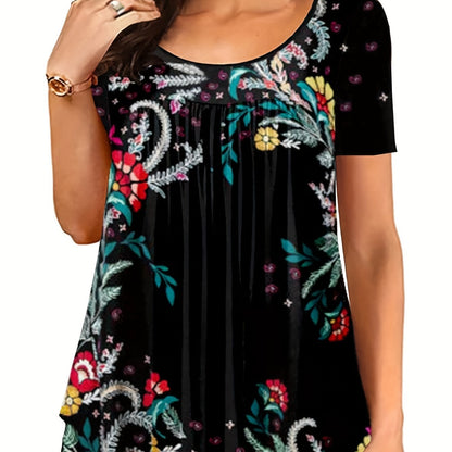 Vzyzv Women's Plus Size Boho Floral Print T-Shirt - Soft and Stretchy Short Sleeve Round Neck Tee