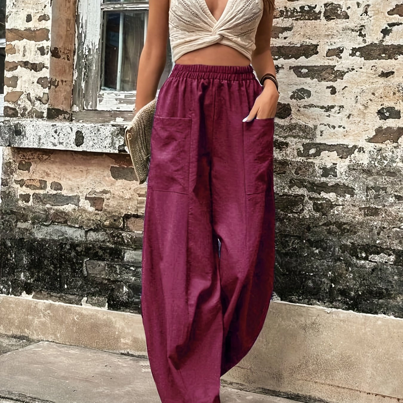 Vzyzv Boho Solid Elastic Waist Harem Pants, Casual Long Length Baggy Pants With Pockets For Spring & Summer, Women's Clothing