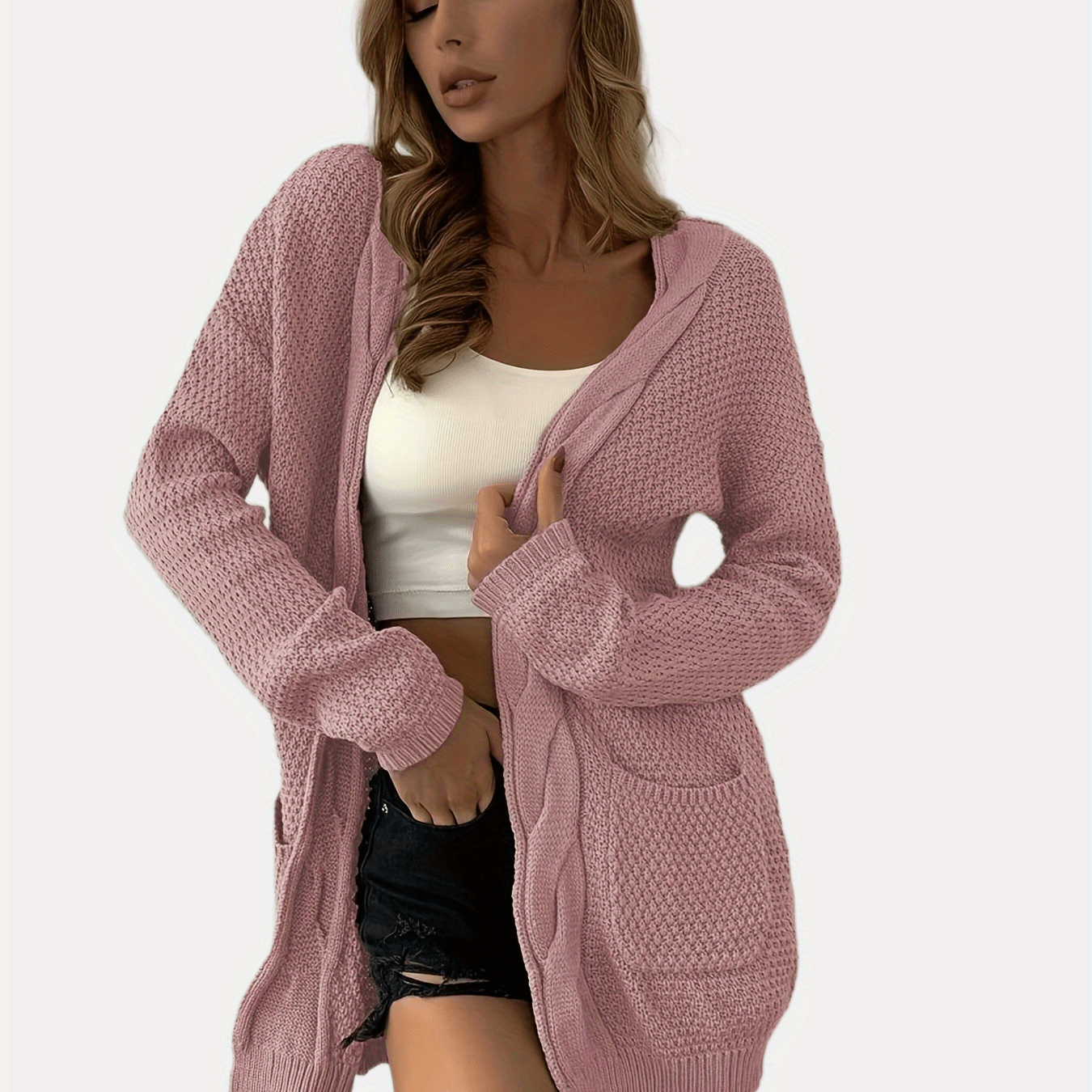 Vzyzv Solid Drop Shoulder Knit Cardigan, Casual Long Sleeve Sweater With Pockets, Women's Clothing