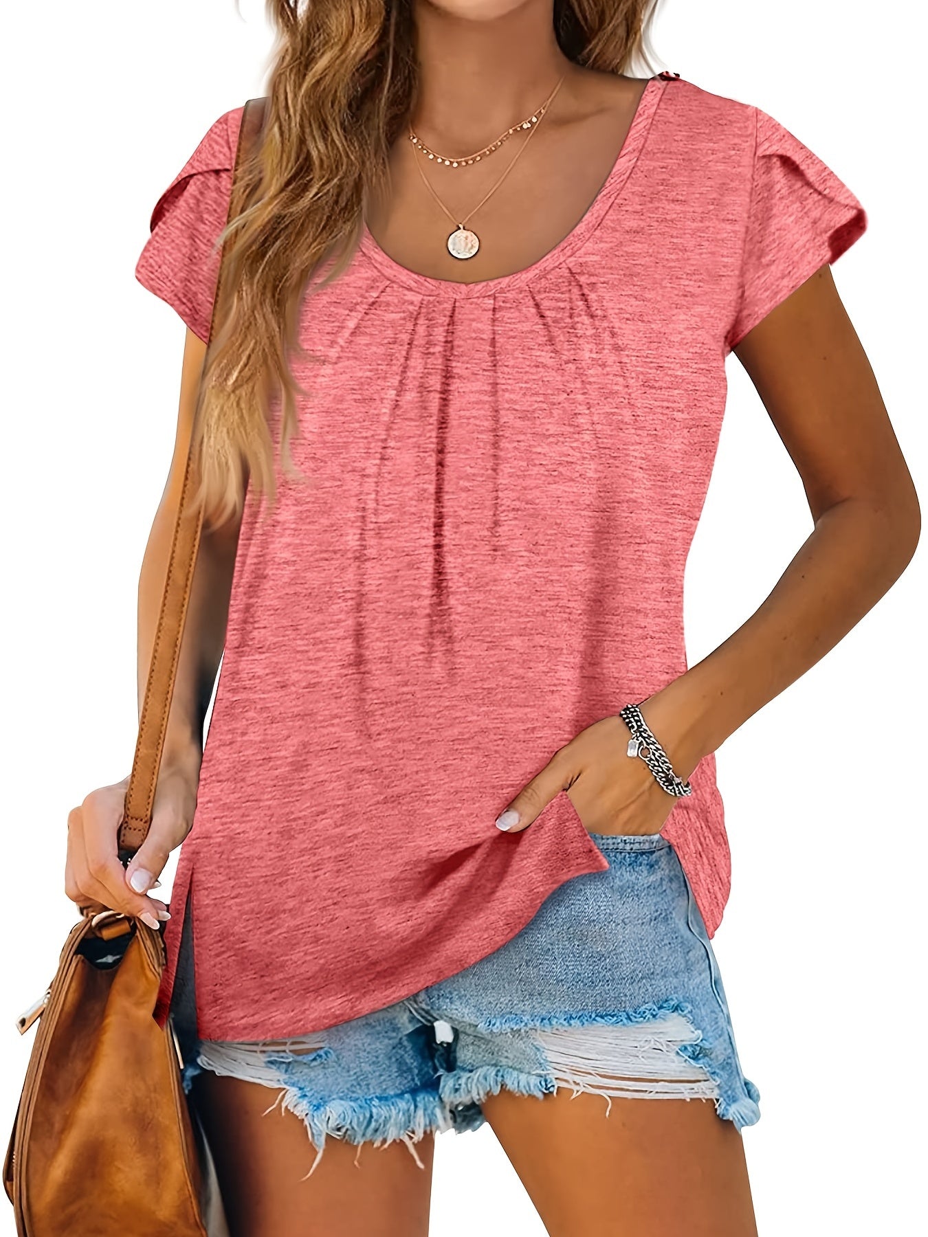 Vzyzv Petal Sleeve Split Hem T-shirt, Casual Crew Neck Solid Ruched T-shirt, Women's Clothing