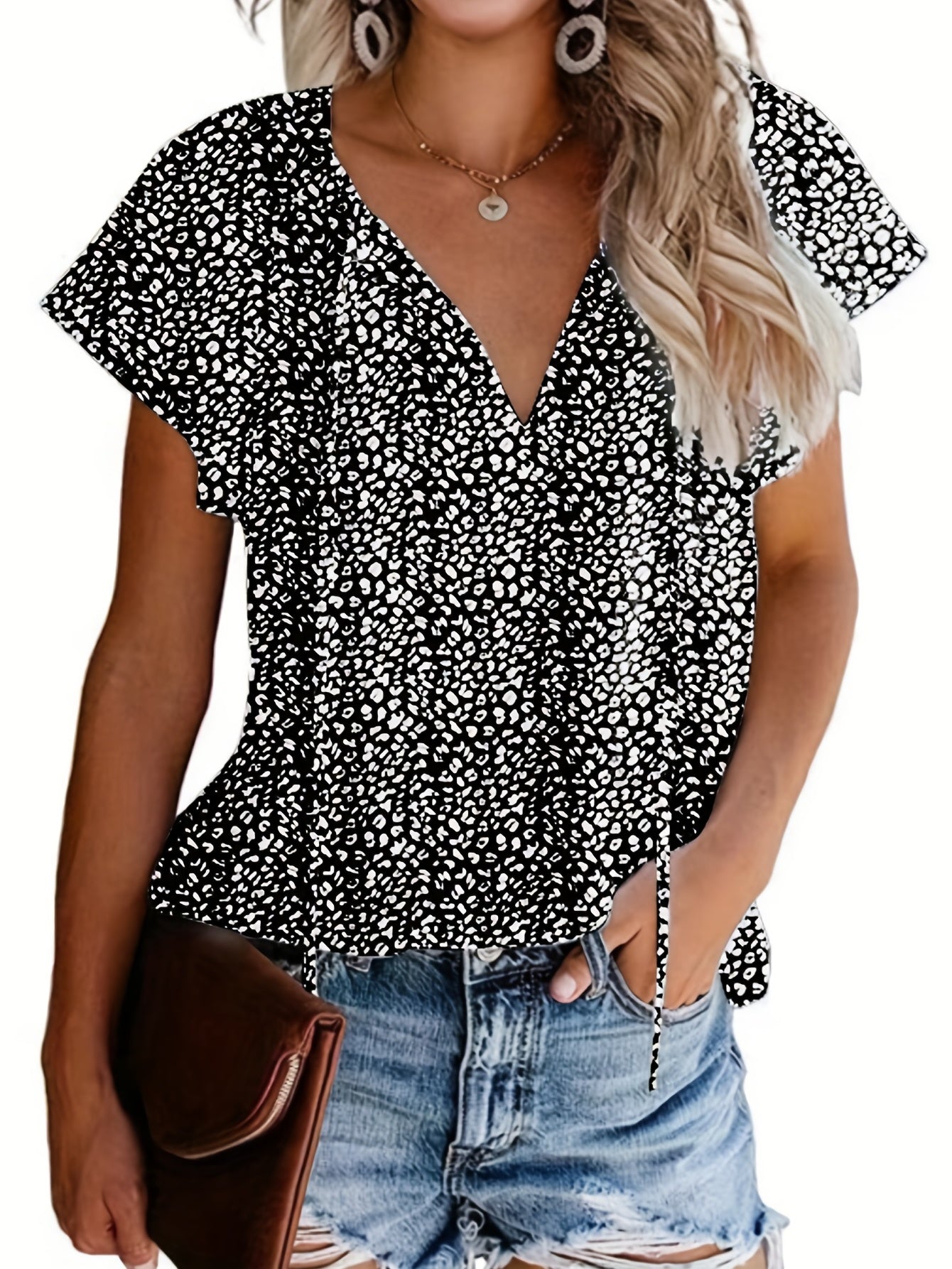 Vzyzv V Neck Flutter Sleeve Blouse, Loose Casual Top For Summer & Spring, Women's Clothing