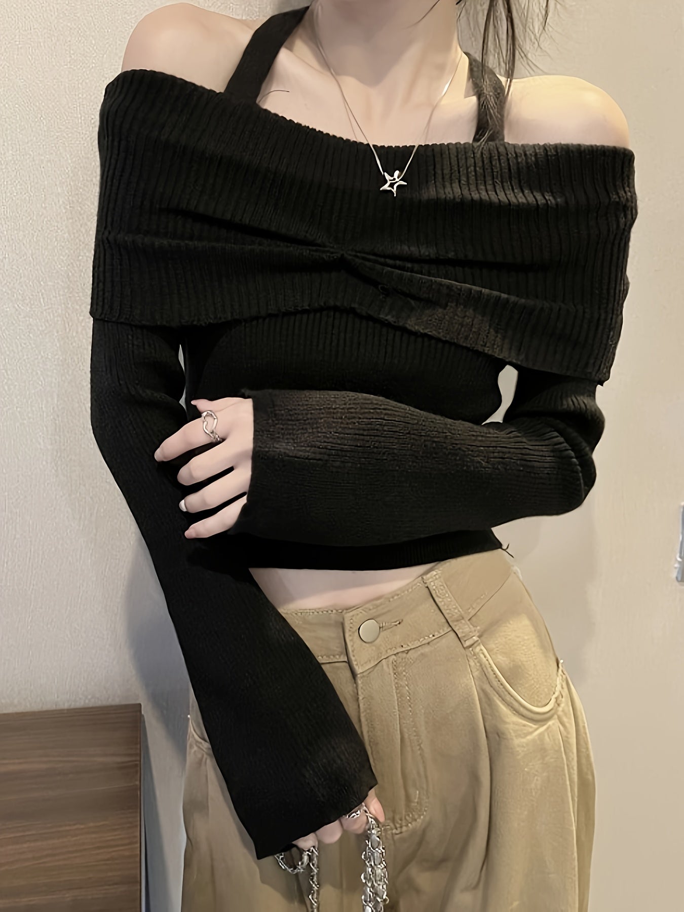 Vzyzv Solid Color Halter Neck Pullover Sweater, Casual Long Sleeve Off Shoulder Sweater For Fall & Winter, Women's Clothing