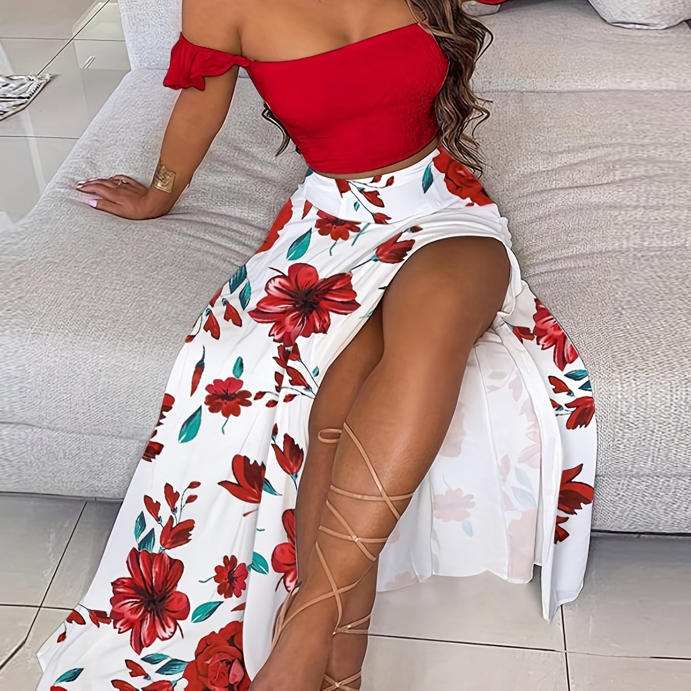 Vzyzv Vzyzv Boho Plants Print Vacation 2 Pieces Set, Off Shoulder Smocked Tube Top & High Waist Split Thigh Maxi Skirts Outfits, Women's Clothing