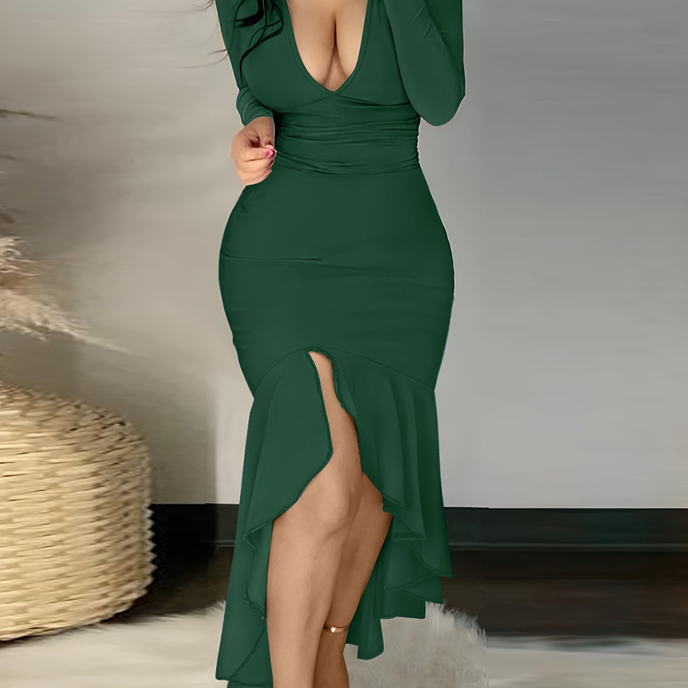 vzyzv  Ruffle Hem Plunging Dress, Sexy Long Sleeve Bodycon Asymmetrical Dress, Women's Clothing