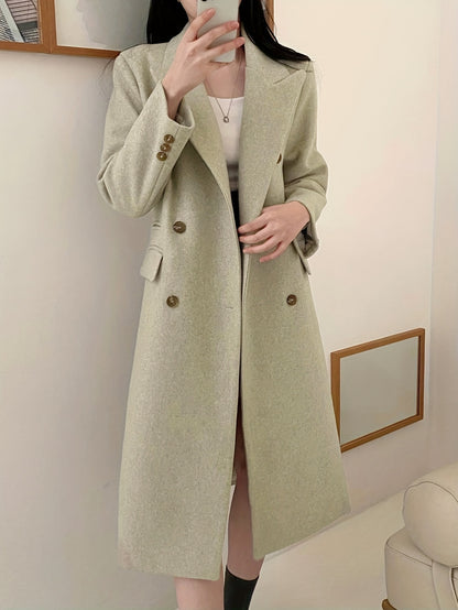 Vzyzv Solid Color Double-breasted Coat, Casual Long Sleeve Lapel Coat For Fall & Winter, Women's Clothing