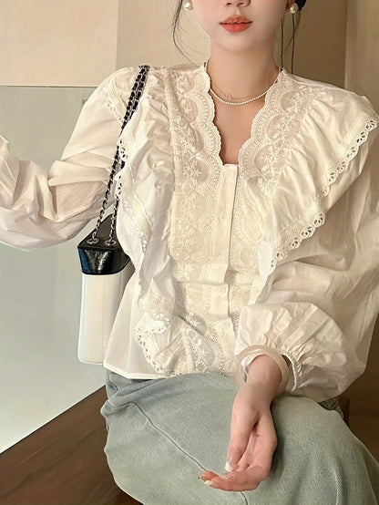 Vzyzv Contrast Lace Button Front Blouse, Ruffle Trim Lantern Sleeve Blouse For Spring & Fall, Women's Clothing