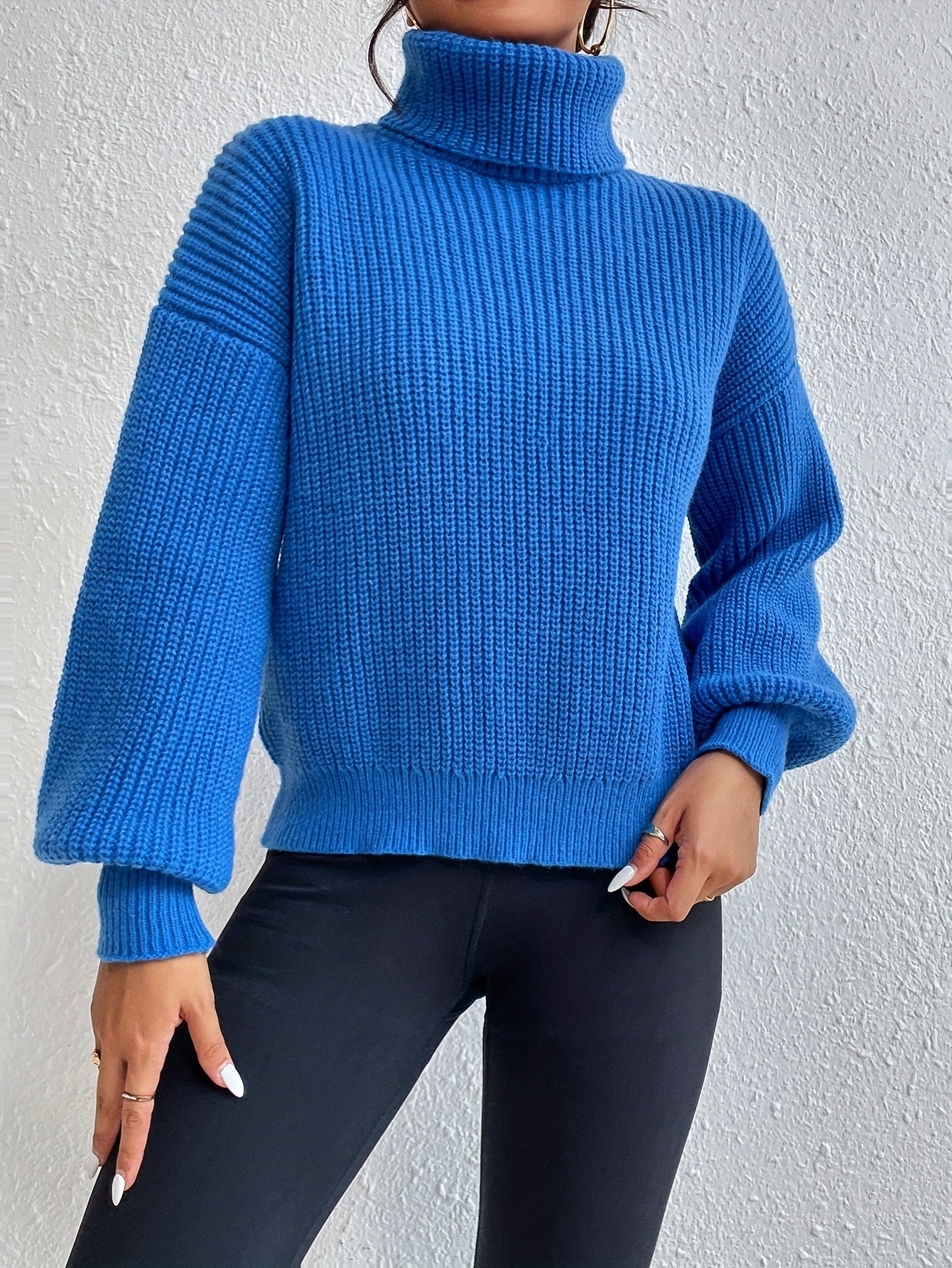 Vzyzv Solid Turtleneck Pullover Sweater, Elegant Long Sleeve Drop Shoulder Sweater, Women's Clothing