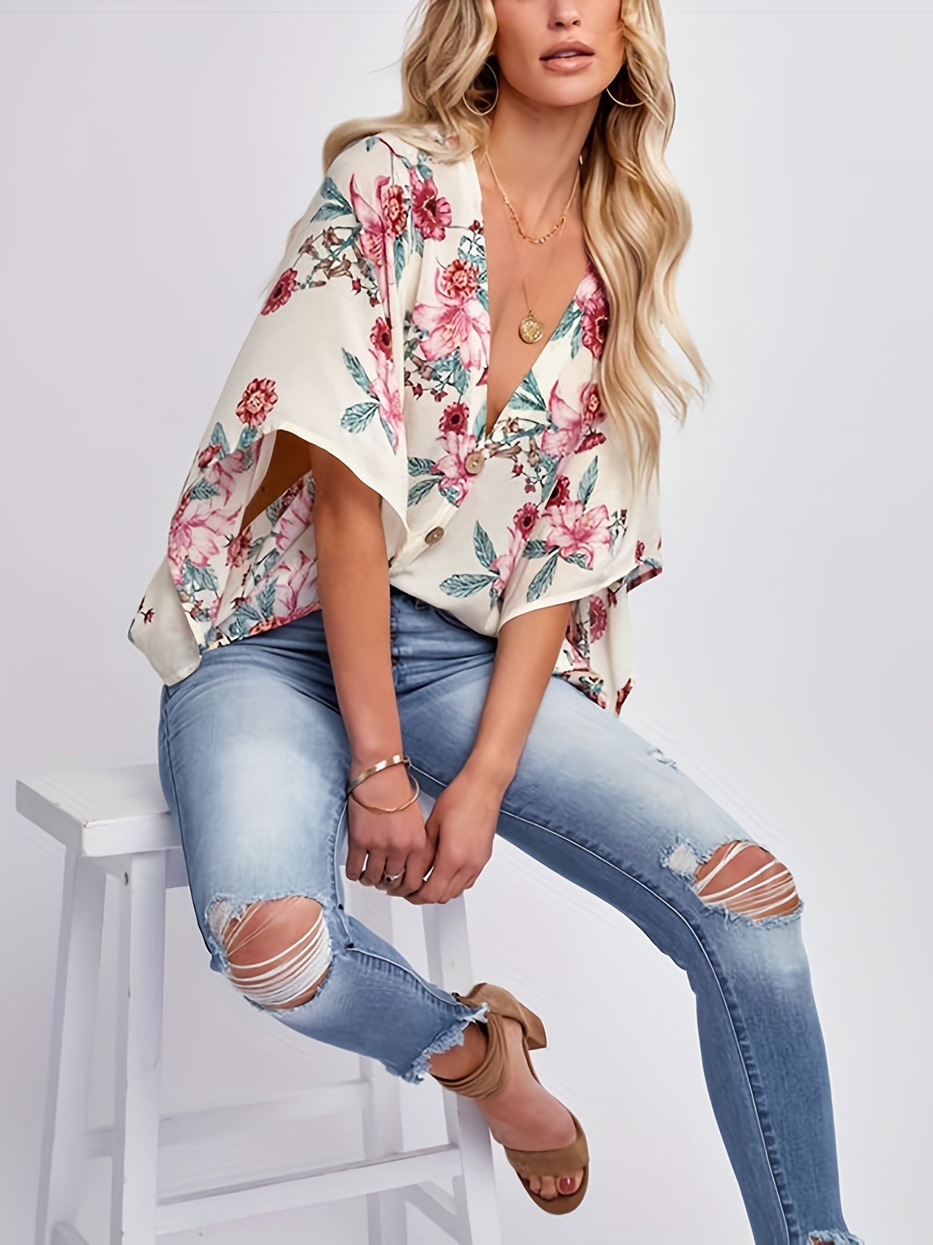 Vzyzv V Neck Loose Batwing Sleeve Shirt, Random Print Button Up Casual Top For Summer & Spring, Women's Clothing