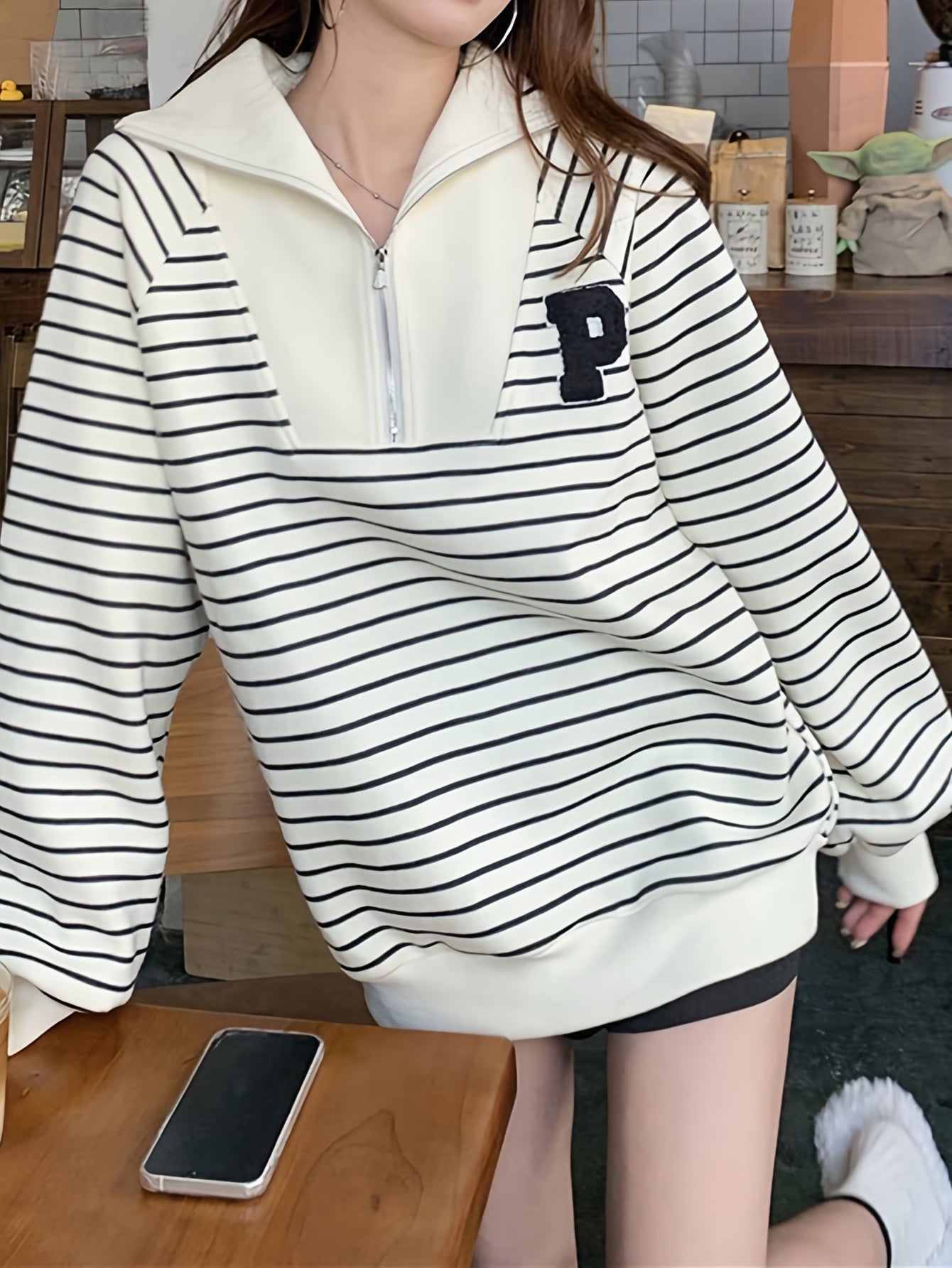 Vzyzv Letter Patch Striped Print Sweatshirt, Casual Long Sleeve Quarter Zip Sweatshirt For Fall & Winter, Women's Clothing