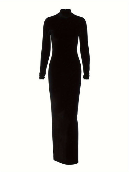 Vzyzv Velvet Mock Neck Dress, Elegant Long Sleeve Ruched Bodycon Dress, Women's Clothing