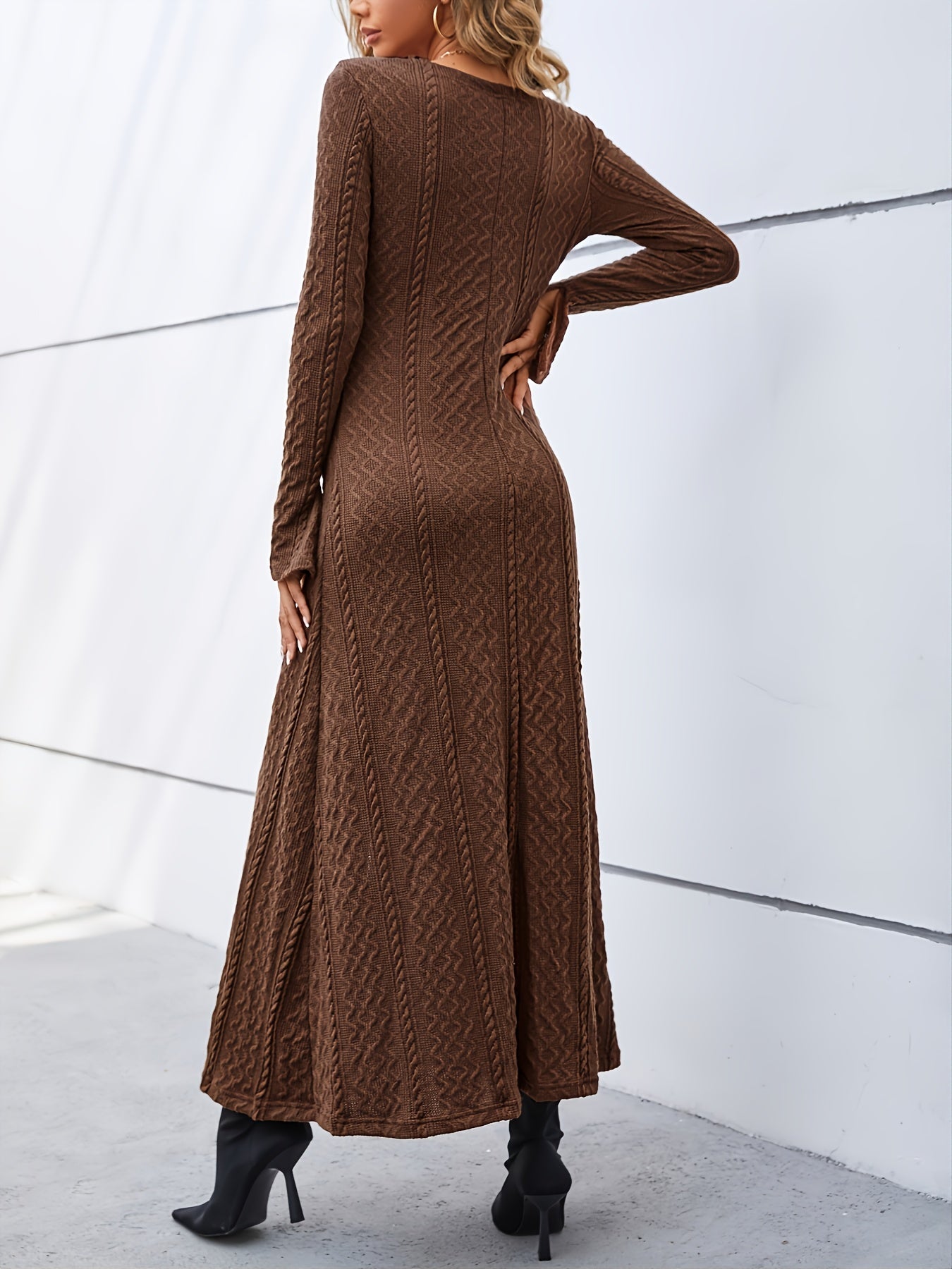 Vzyzv Elegant Buttons Slit Long Dress, Casual Deep V Neck Long Sleeve Waist Long Dresses, Women's Clothing