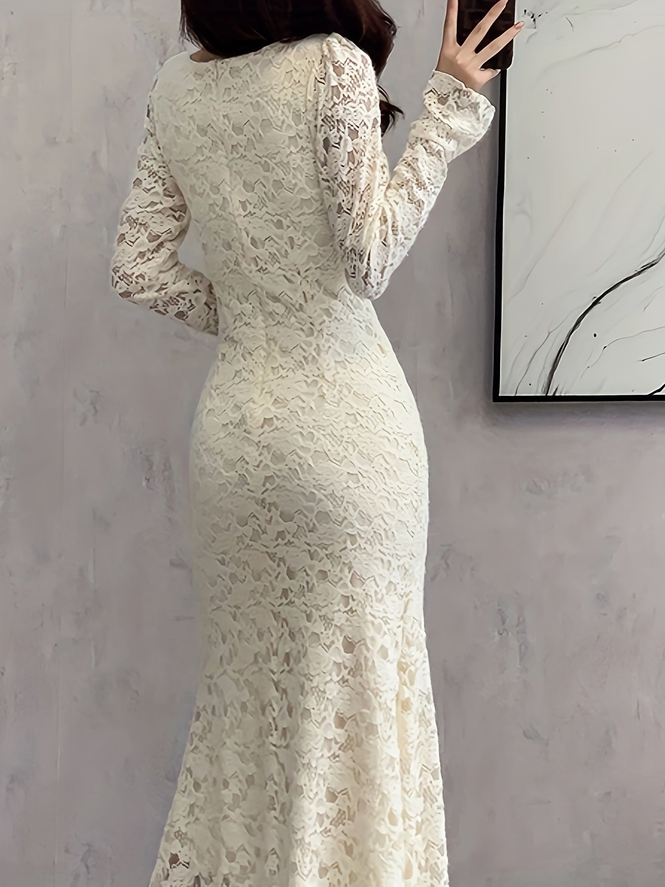 Vzyzv Square Neck Lace Trumpet Dress, Chic Long Sleeve Ruched Mid Calf Dress, Women's Clothing