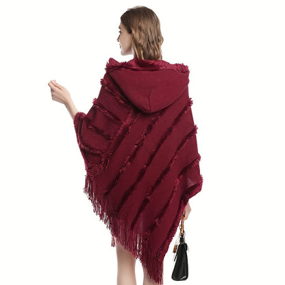 Vzyzv Loose Knit Hooded Pullover Poncho Large Solid Color Batwing Tassel Shawl Autumn Winter Travel Outside Windproof Cape