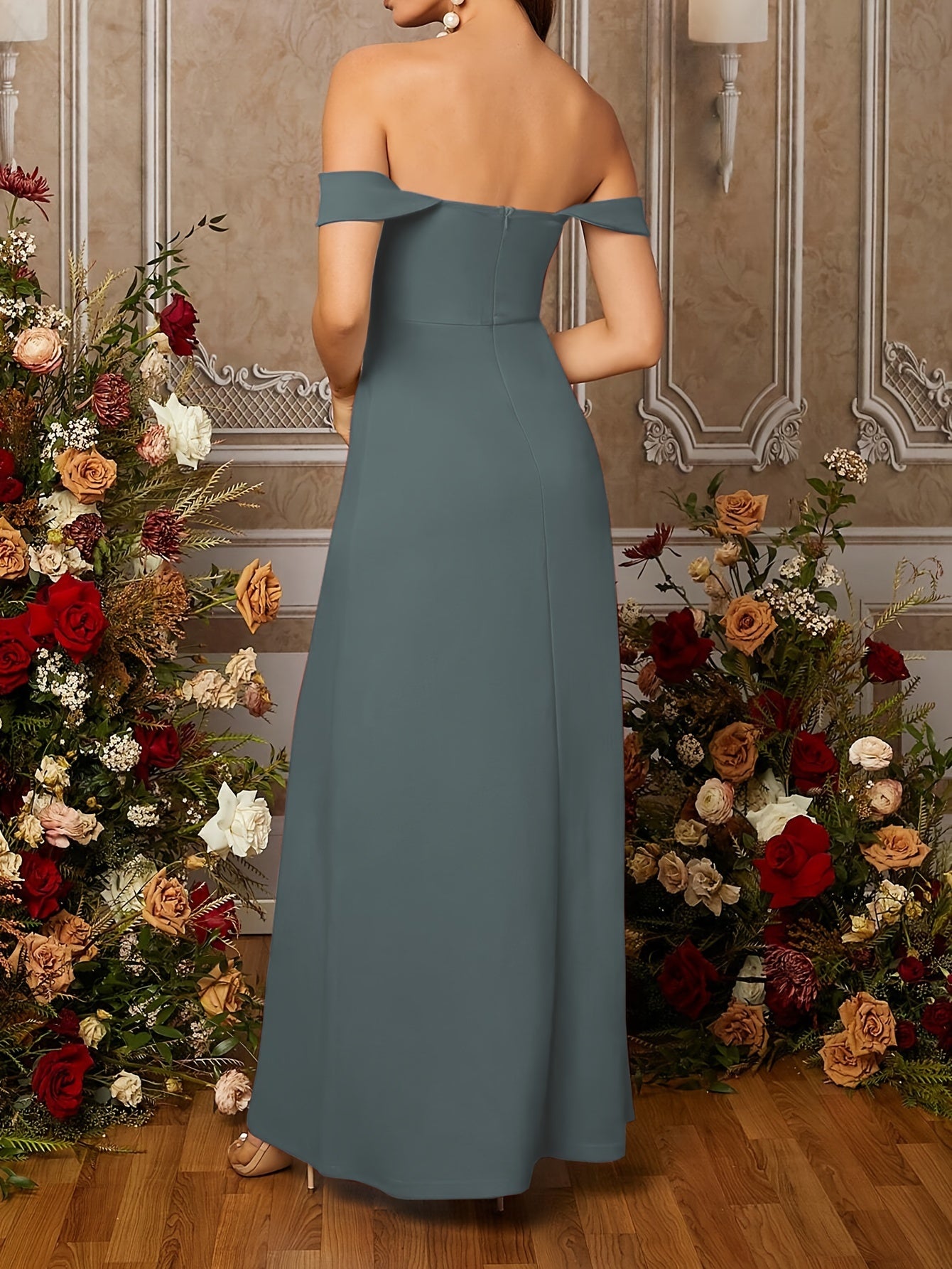 vzyzv  Off-shoulder Princess Waist Dress, Elegant Solid Split Hem A-line Maxi Length Dress, Women's Clothing