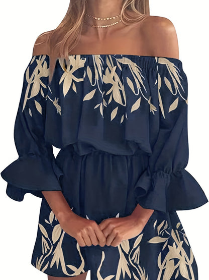 Vzyzv Boho Leaf Graphic Print Off Shoulder Dress, Sexy Backless Ruffle Sleeve Dress For Spring & Summer, Women's Clothing