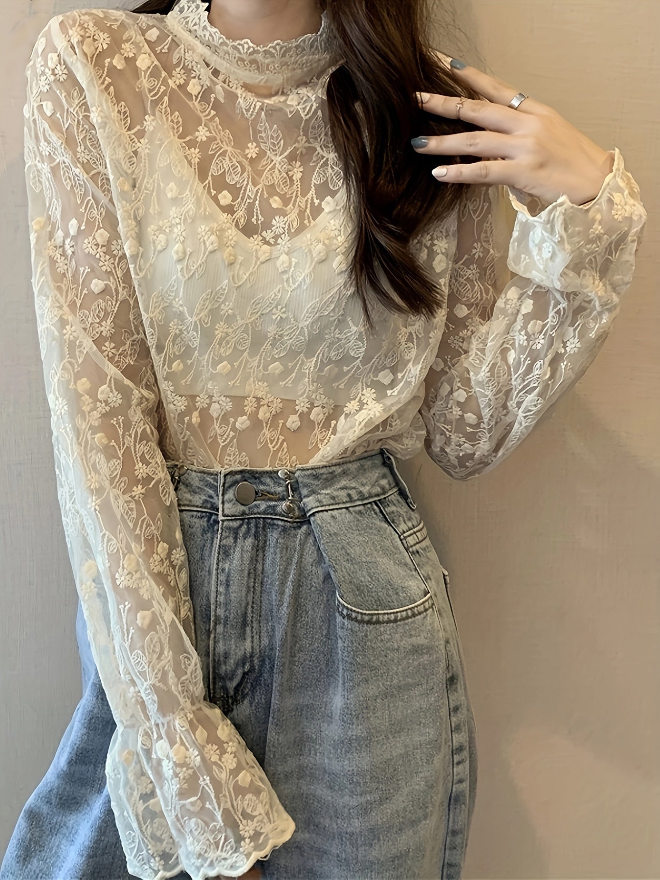 Vzyzv Guipure Lace Overlay Flare Sleeve Blouse, Casual Mock Neck Long Sleeve Blouse, Women's Clothing