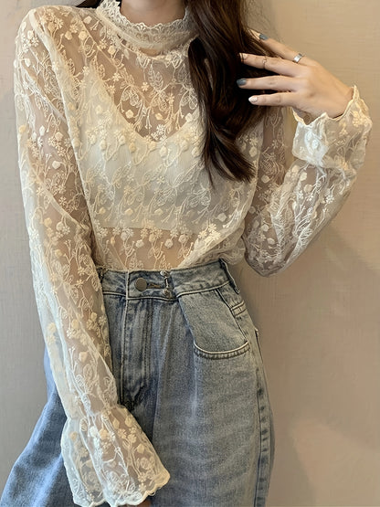 Vzyzv Guipure Lace Overlay Flare Sleeve Blouse, Casual Mock Neck Long Sleeve Blouse, Women's Clothing