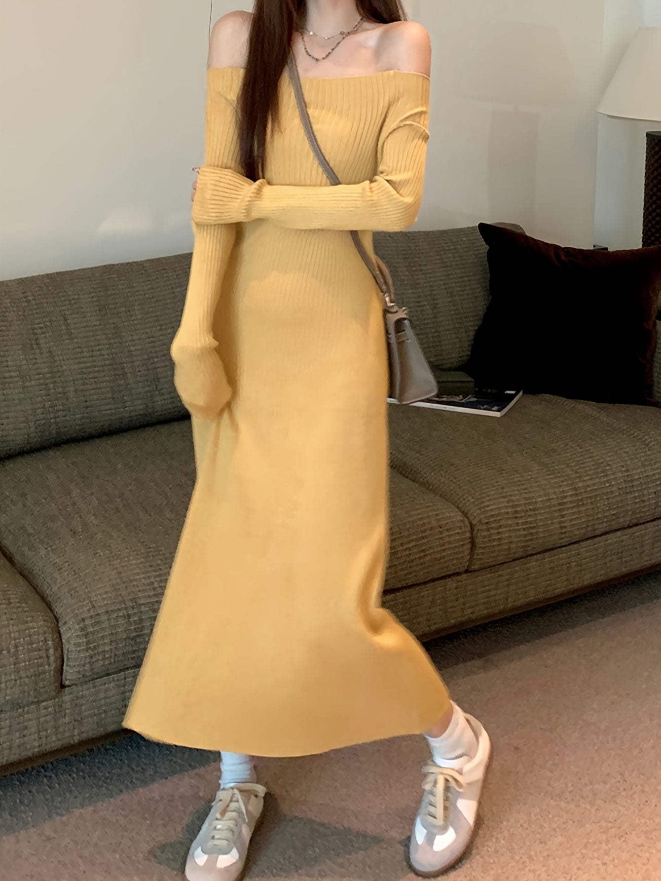 Vzyzv Solid Off Shoulder Slim Dress, Elegant Long Sleeve Dress For Spring & Fall, Women's Clothing