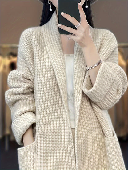 Vzyzv Solid Open Front Knit Cardigan, Casual Long Sleeve Oversized Sweater Coat With Pocket, Women's Clothing