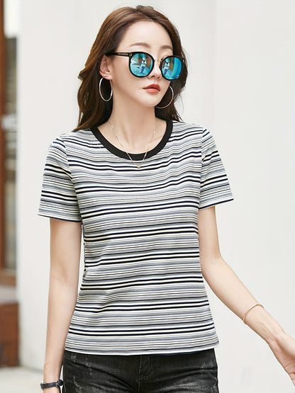 Vzyzv Striped Crew Neck T-shirt, Elegant Short Sleeve T-shirt For Spring & Summer, Women's Clothing