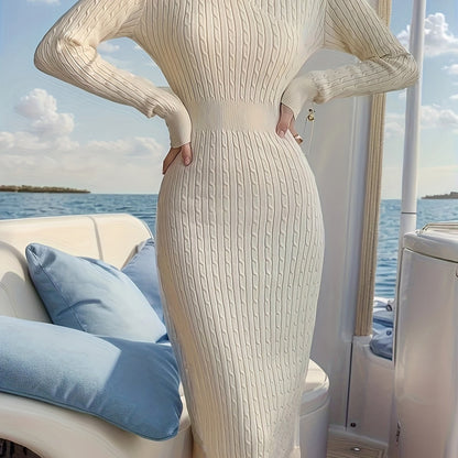 Vzyzv Keyhole Sweater Dress, Elegant Long Sleeve Split Bodycon Dress, Women's Clothing