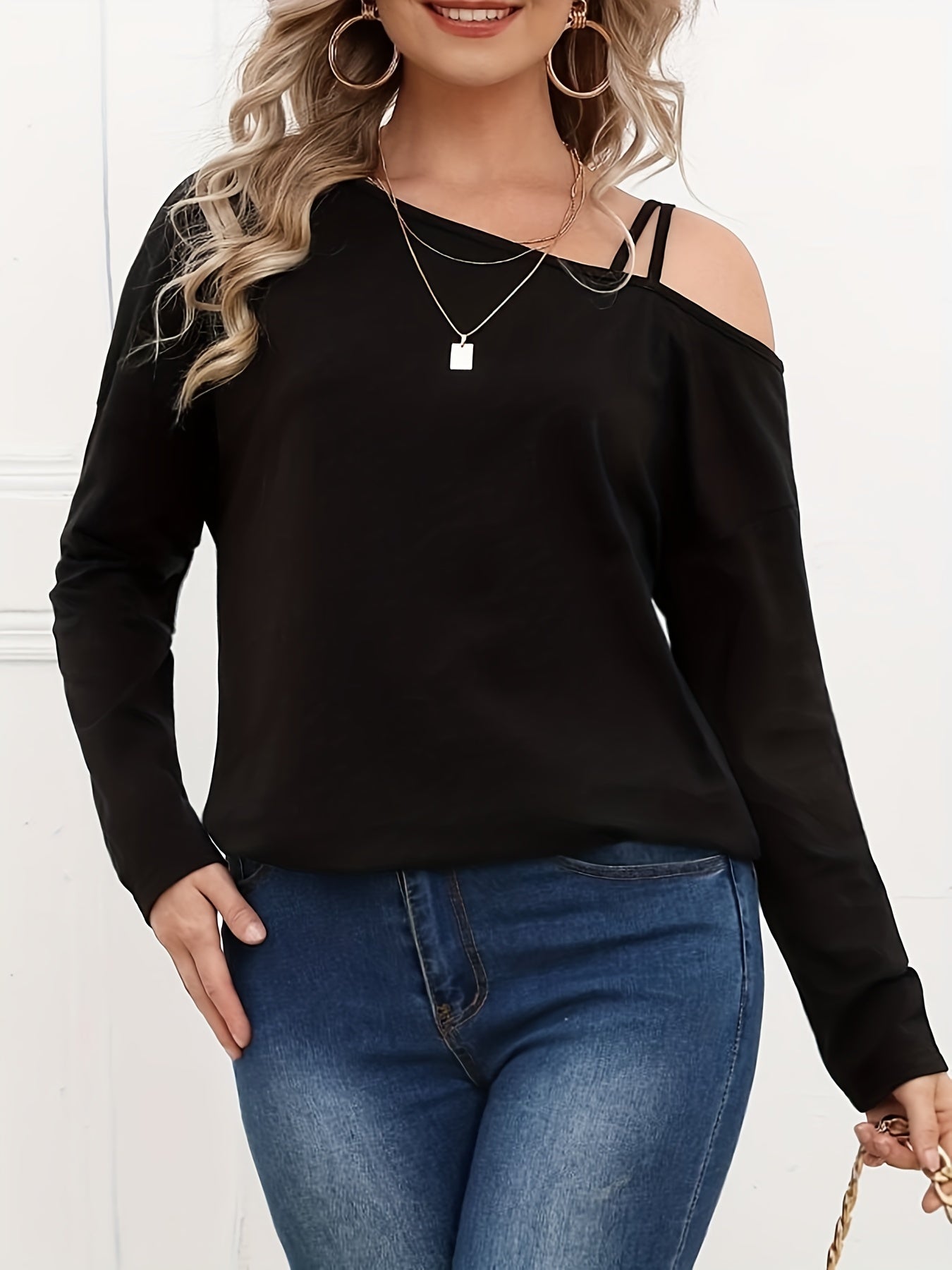 Romildi Vzyzv Cold Shoulder Asymmetrical Neck T-Shirt, Casual Long Sleeve Top For Spring & Fall, Women's Clothing