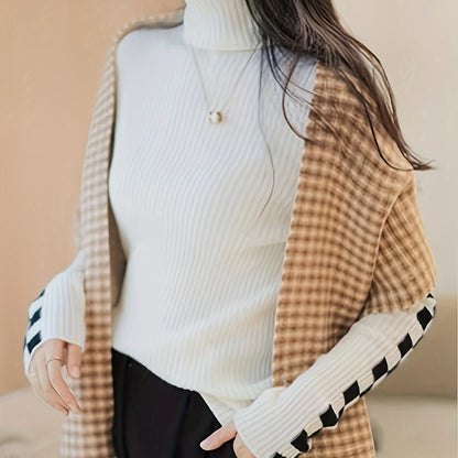 Vzyzv Plaid Turtle Neck Pullover Sweater, Casual Long Sleeve Slim Versatile Sweater, Women's Clothing