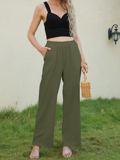 Vzyzv Solid Wide Leg Elastic Waist Pants, Casual Dual Pockets Loose Pants, Women's Clothing