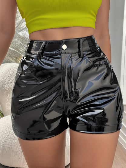 Vzyzv Solid PU Leather Pocket Shorts, Elegant Shorts For Spring & Summer, Women's Clothing