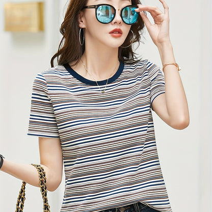 Vzyzv Striped Crew Neck T-shirt, Elegant Short Sleeve T-shirt For Spring & Summer, Women's Clothing