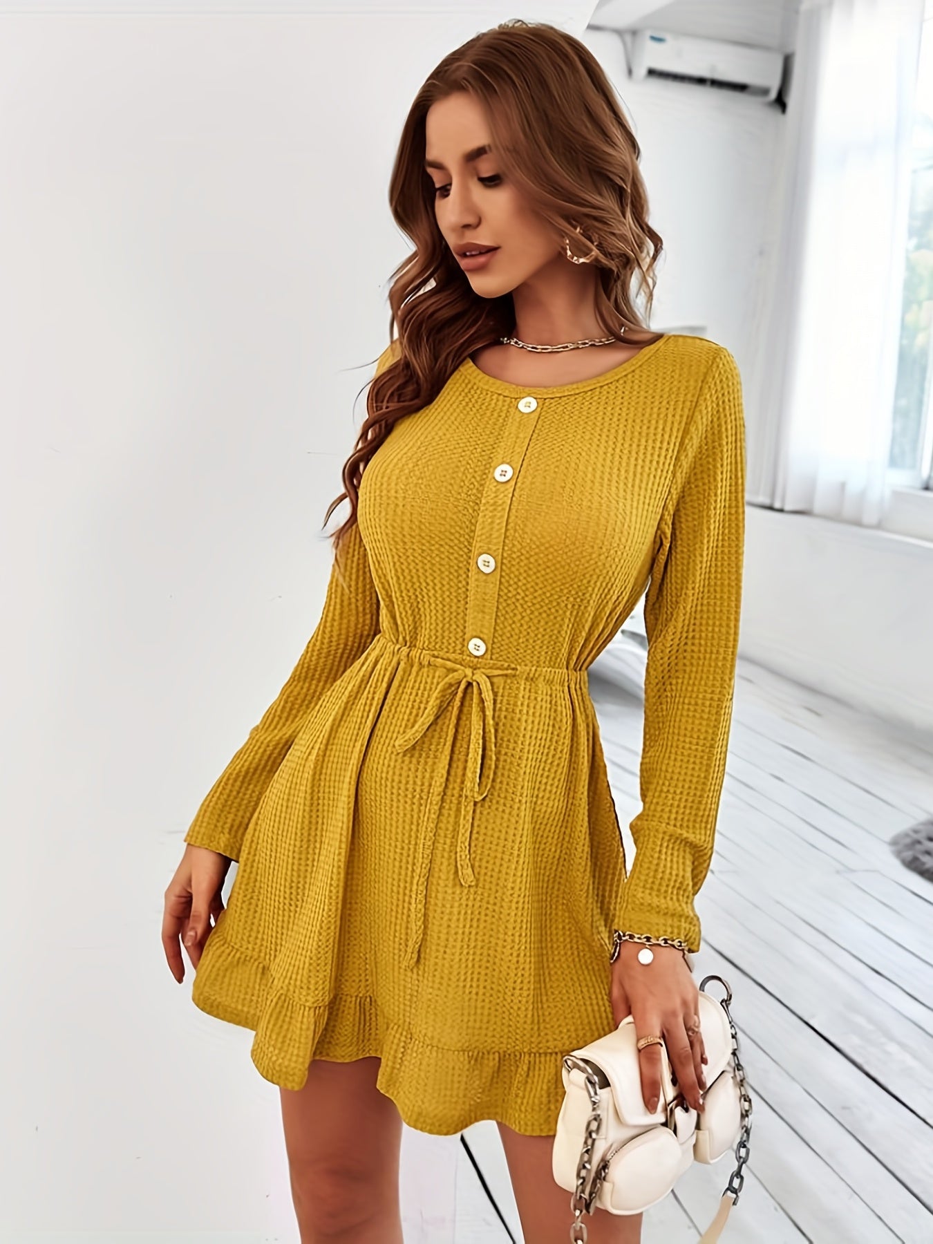 Vzyzv Ruffle Hem Button Front Dress, Casual Long Sleeve Crew Neck Drawstring Dress, Women's Clothing