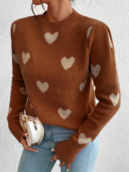 Vzyzv Heart Pattern Crew Neck Sweater, Casual Long Sleeve Pullover Sweater, Women's Clothing