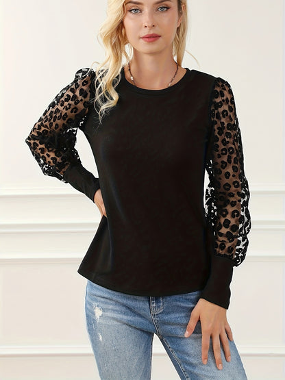 Vzyzv Leopard Illusion Sleeve Top, Casual Crew Neck Slim Top, Women's Clothing