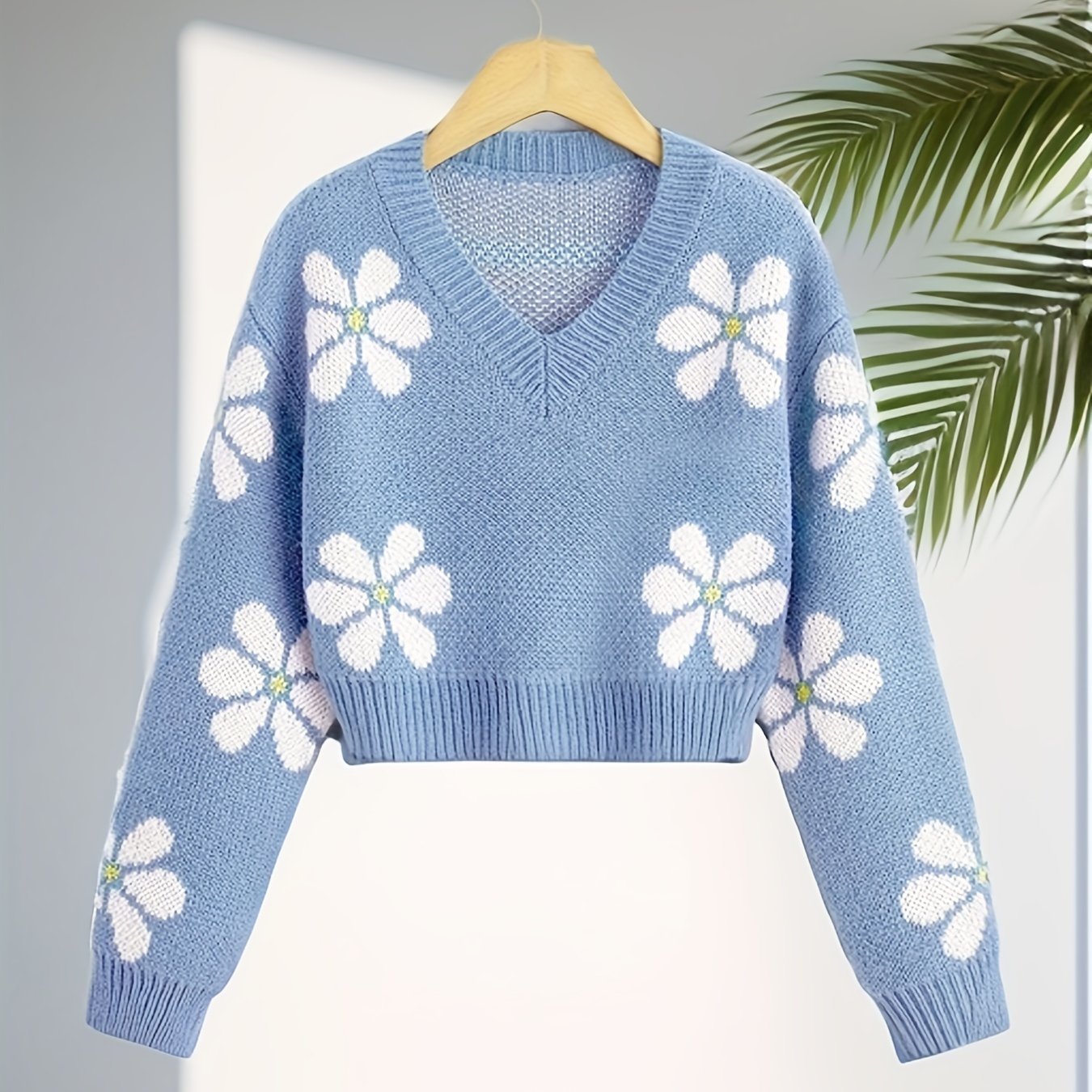 Vzyzv Floral Jacquard Girls Drop Shoulder V-neck Knitted Sweater For Fall Winter